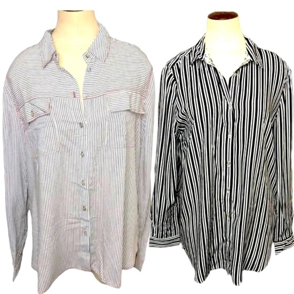 Jane & Delancey Set 2 Blouses White Black Stripes Boyfriend Fit Bundle Top Sz M - Picture 1 of 16